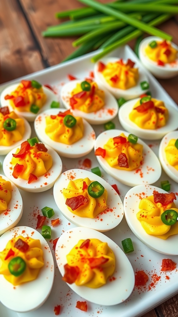A delicious platter of spicy jalapeño bacon deviled eggs garnished with paprika and green onions.